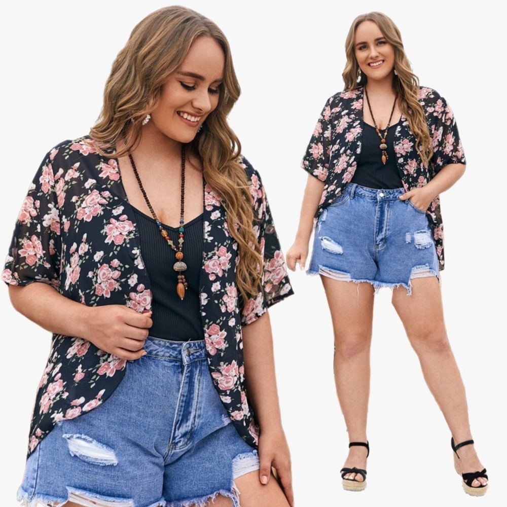 Emery Rose Floral Black and Pink Kimono Top Plus Sz 3X